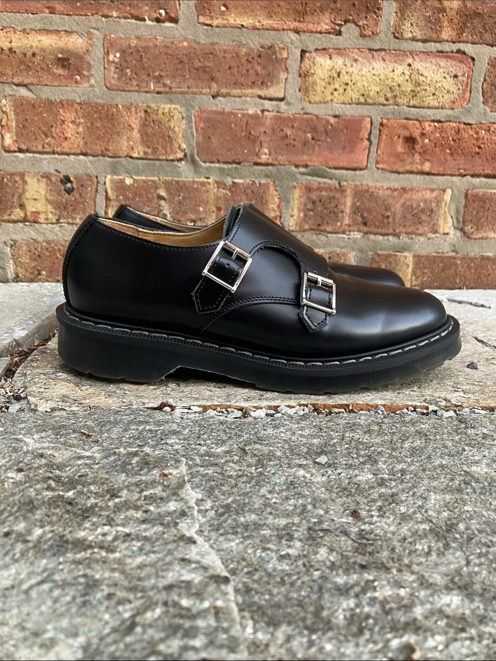 Solovair Black Hi-Shine Double Buckle Monk Shoe